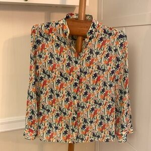 Alice + Olivia Eloise Mandarin-Collar Silk Blouse Bird Party Medium